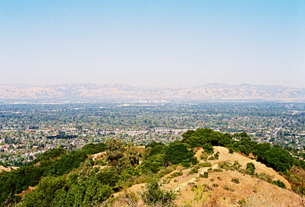 [A hilltop with trees and low grasses is between the camera and the Santa Clara Valley full of streets, homes, and trees. In the far distance through the haze one can see mountains.]